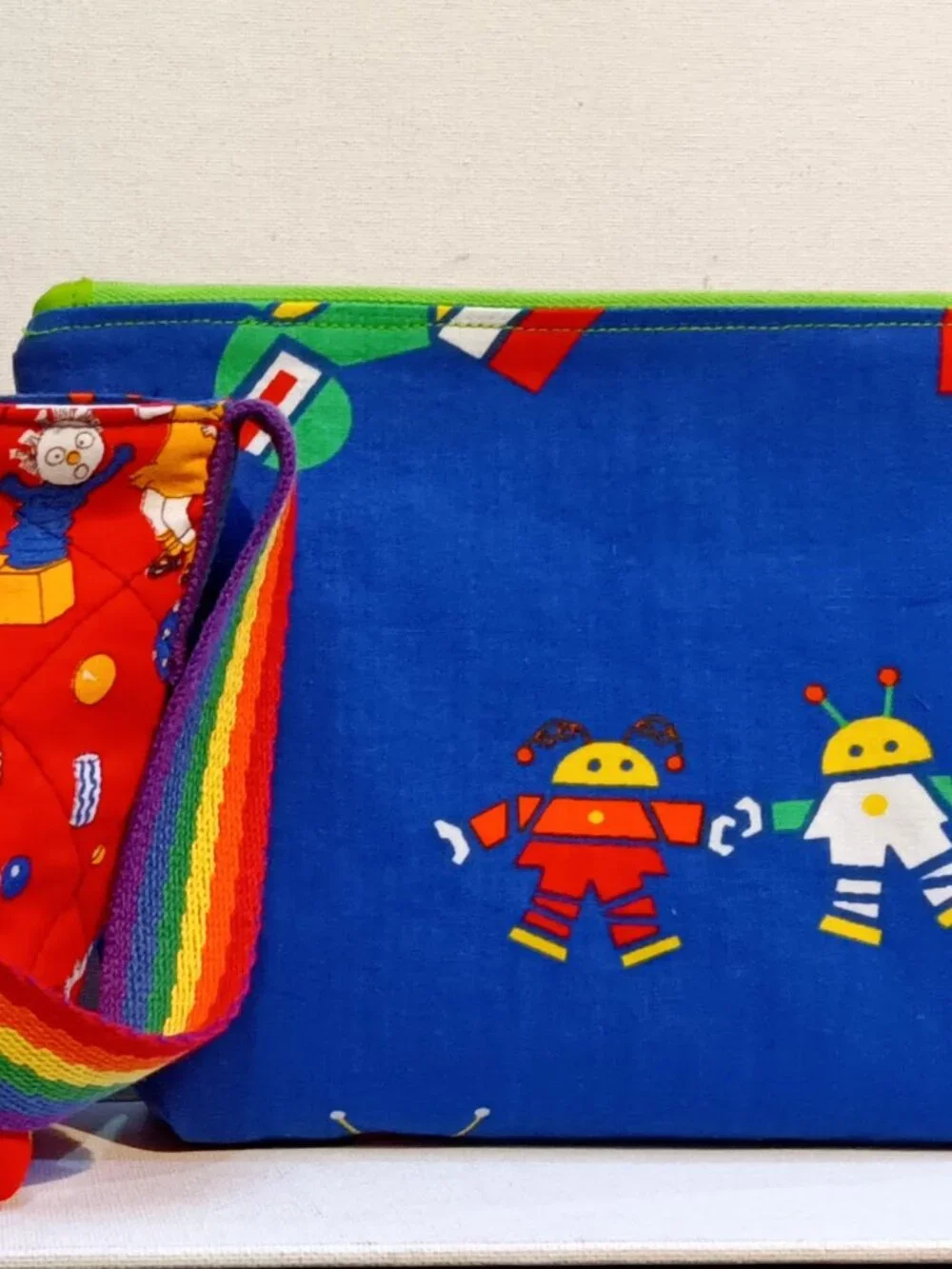 Children's Artisan Quilted Purse Tote Set, Vintage Motif Fabrics, Buttons, Robot